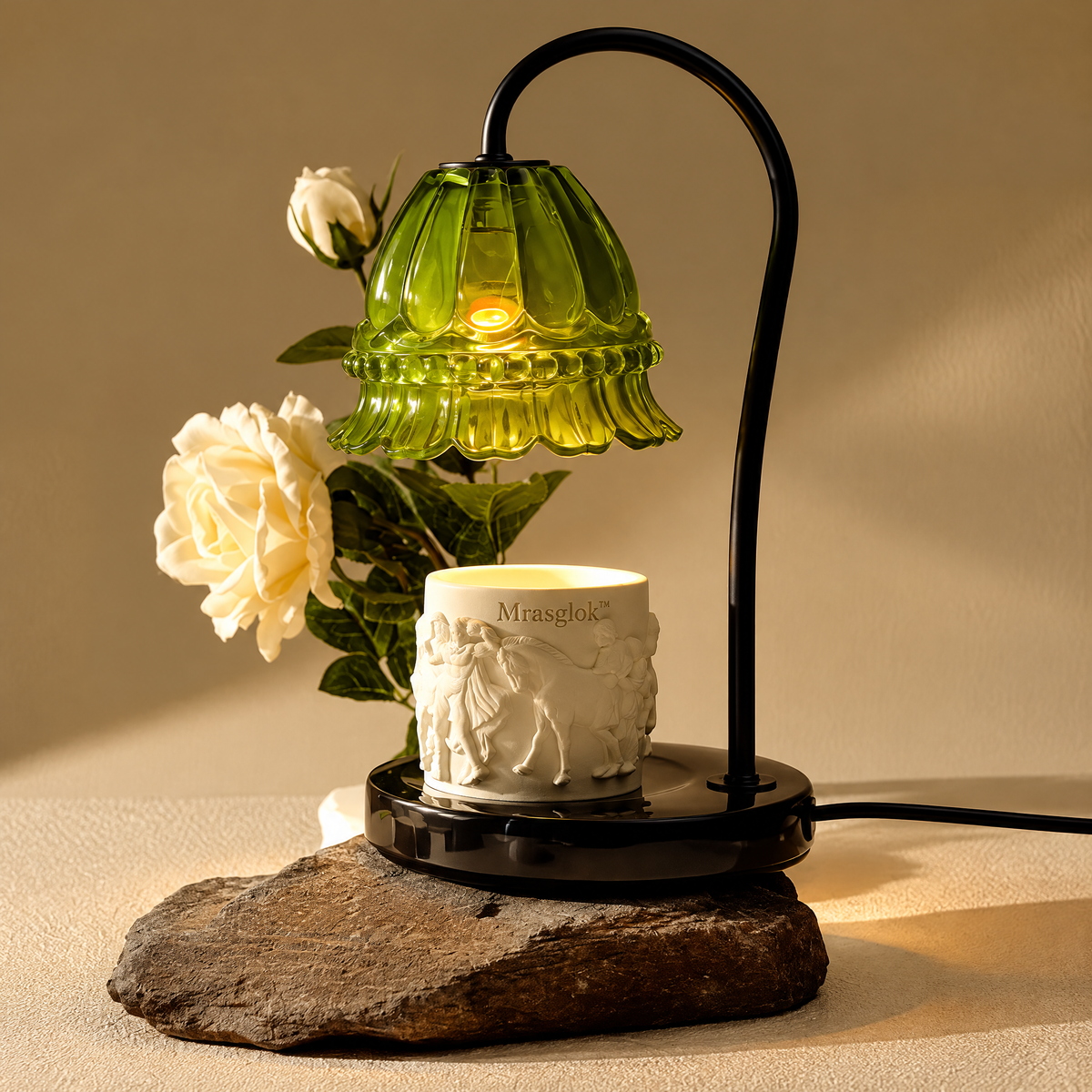 Lily of the Valley – Vintage Green Floral Glass Candle Warmer Lamp & Decorative Table Light