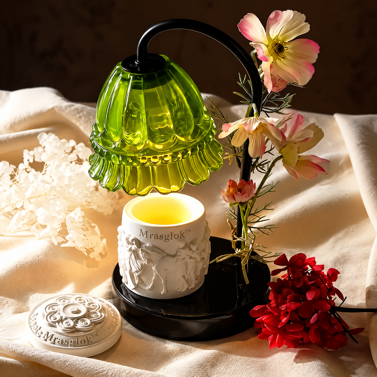 Lily of the Valley – Vintage Green Floral Glass Candle Warmer Lamp & Decorative Table Light