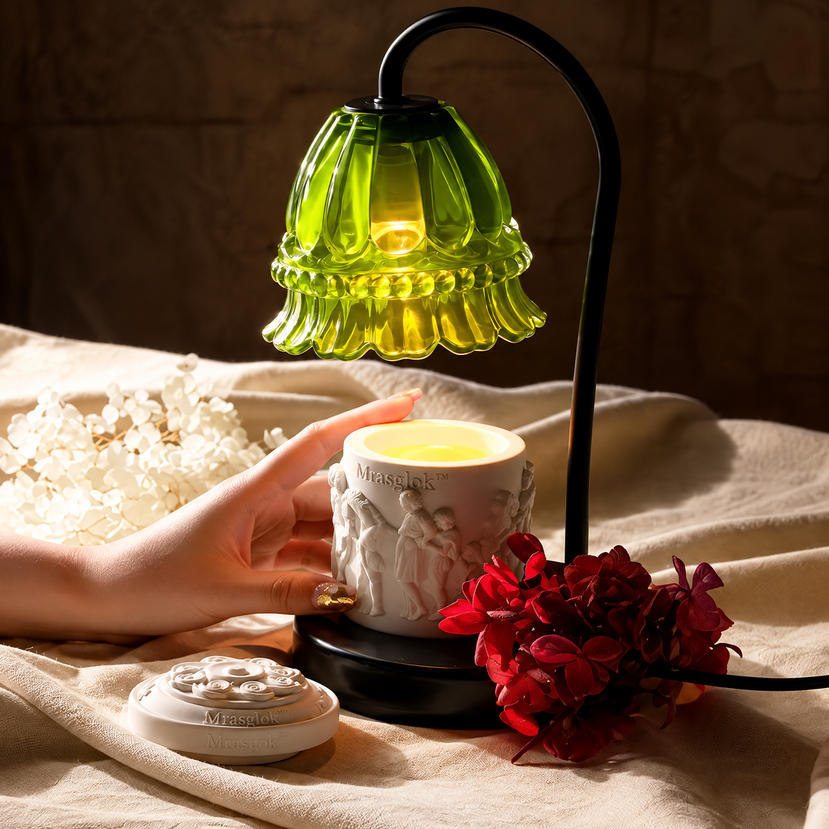 Lily of the Valley – Vintage Green Floral Glass Candle Warmer Lamp & Decorative Table Light