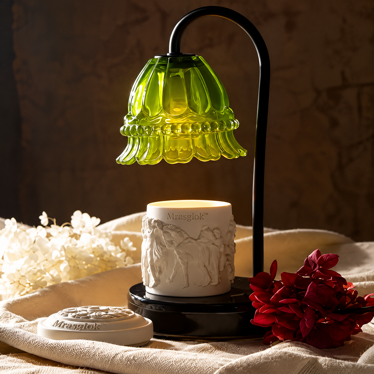 Lily of the Valley – Vintage Green Floral Glass Candle Warmer Lamp & Decorative Table Light